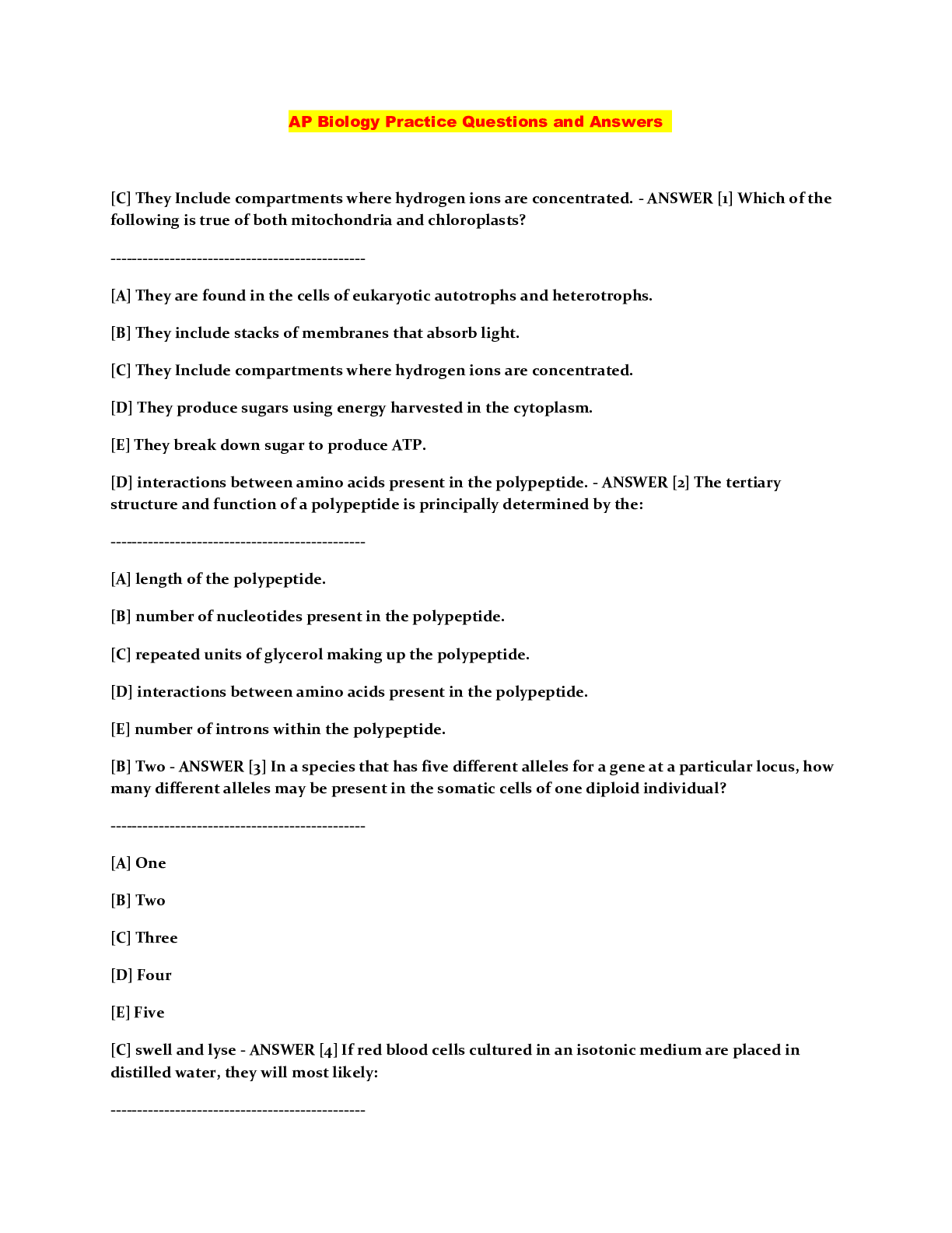 Preview image of AP Biology Practice Questions and Answers document